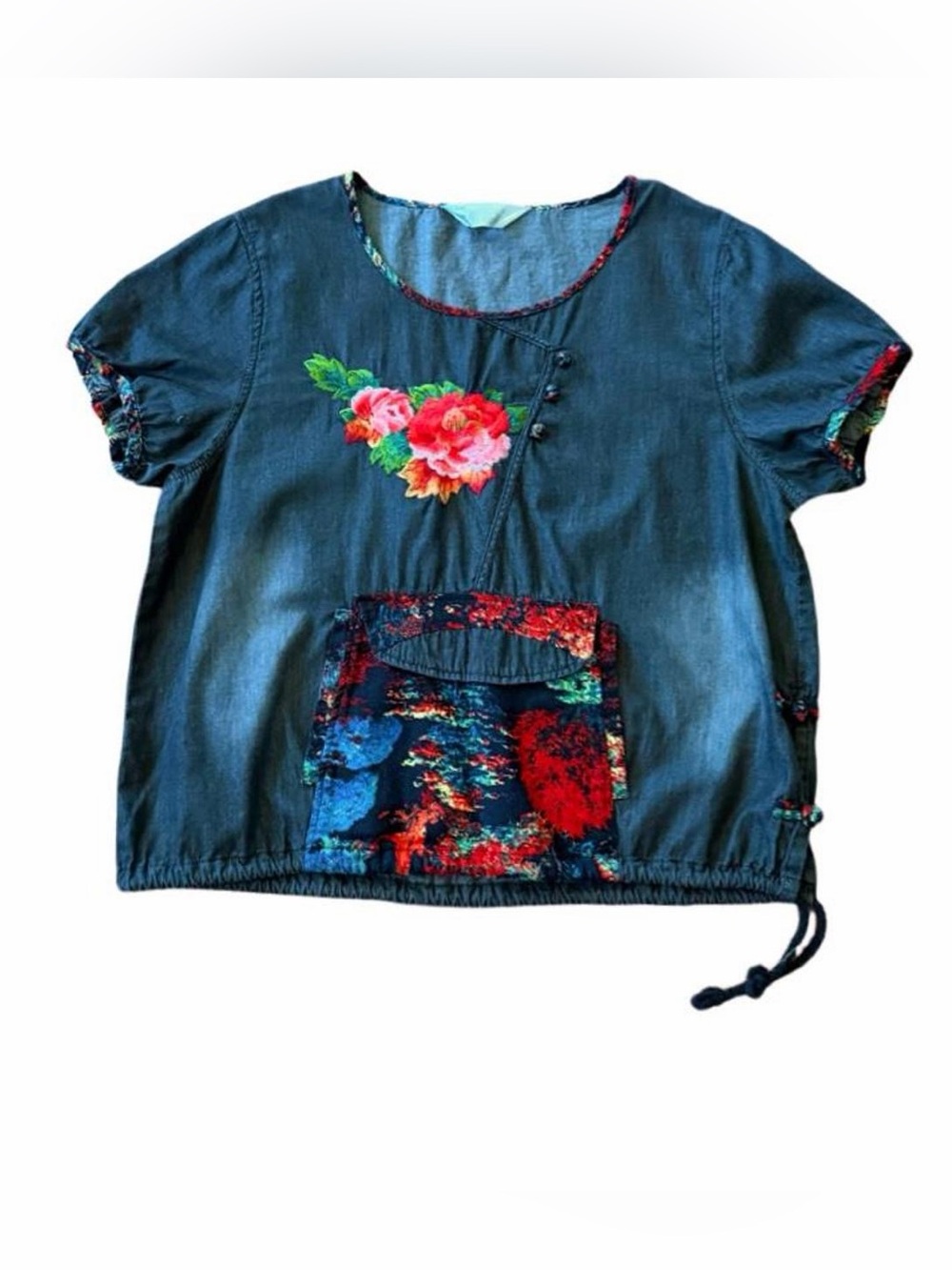 Indigo Embroidered Patchwork Boho Top XL